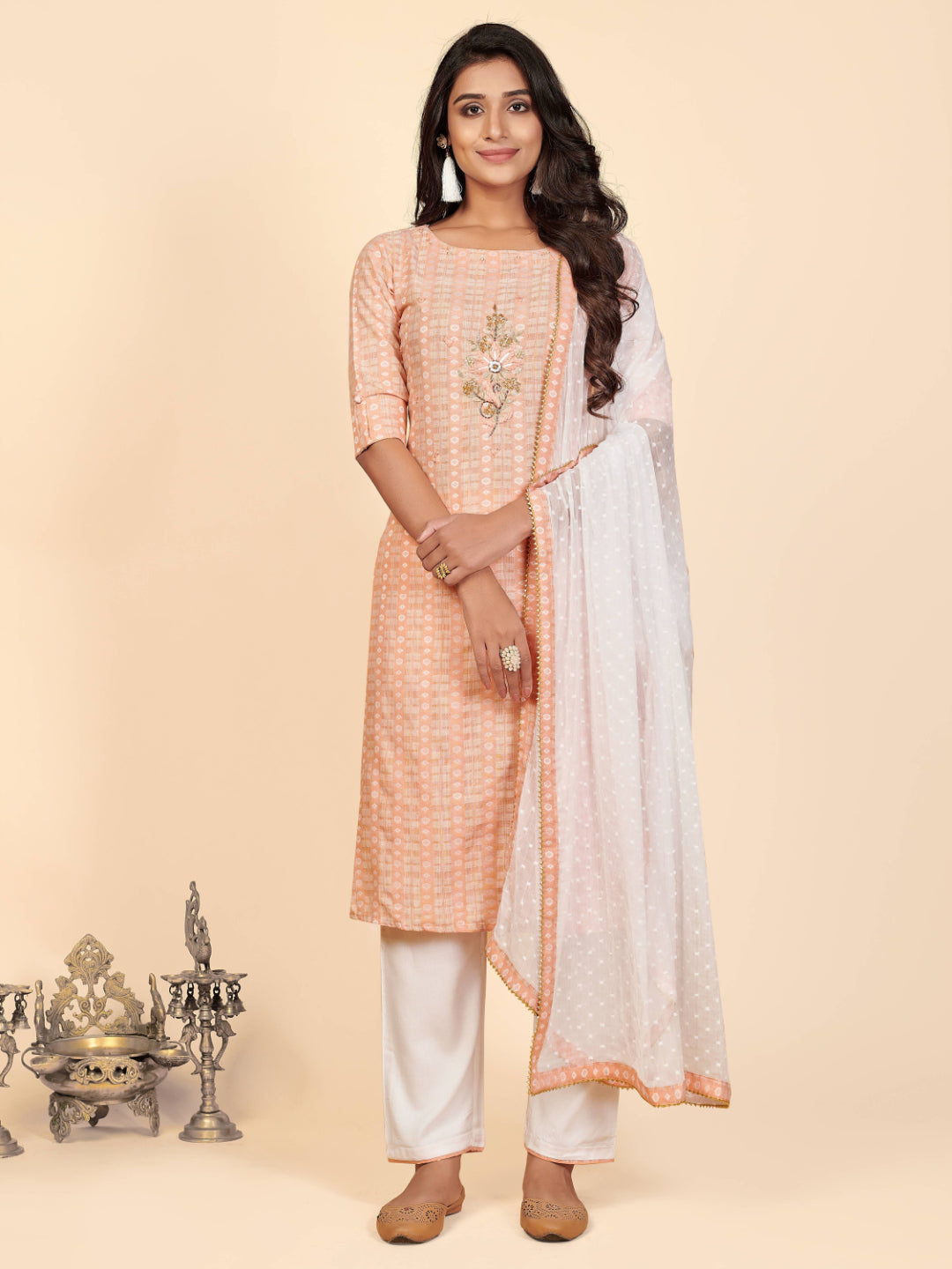 Orange Embroidered Straight Cotton Kurta Set