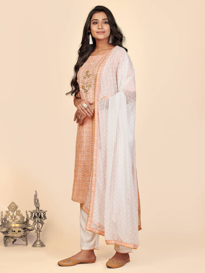 Orange Embroidered Straight Cotton Kurta Set