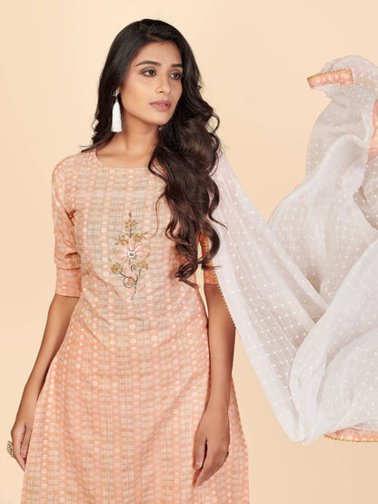 Orange Embroidered Straight Cotton Kurta Set