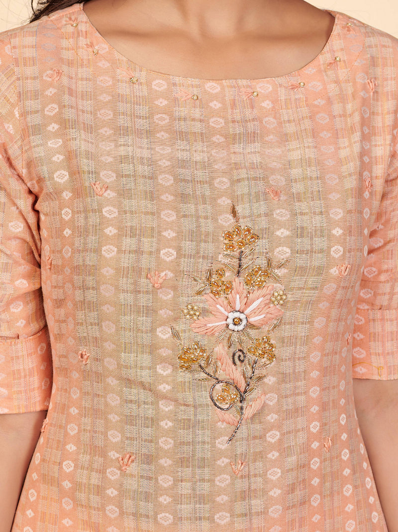 Orange Embroidered Straight Cotton Kurta Set