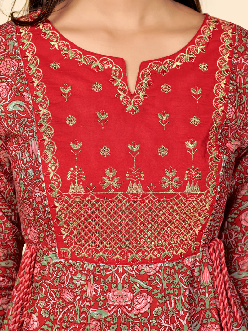 Red Embroidered Anarkali Cotton Kurta