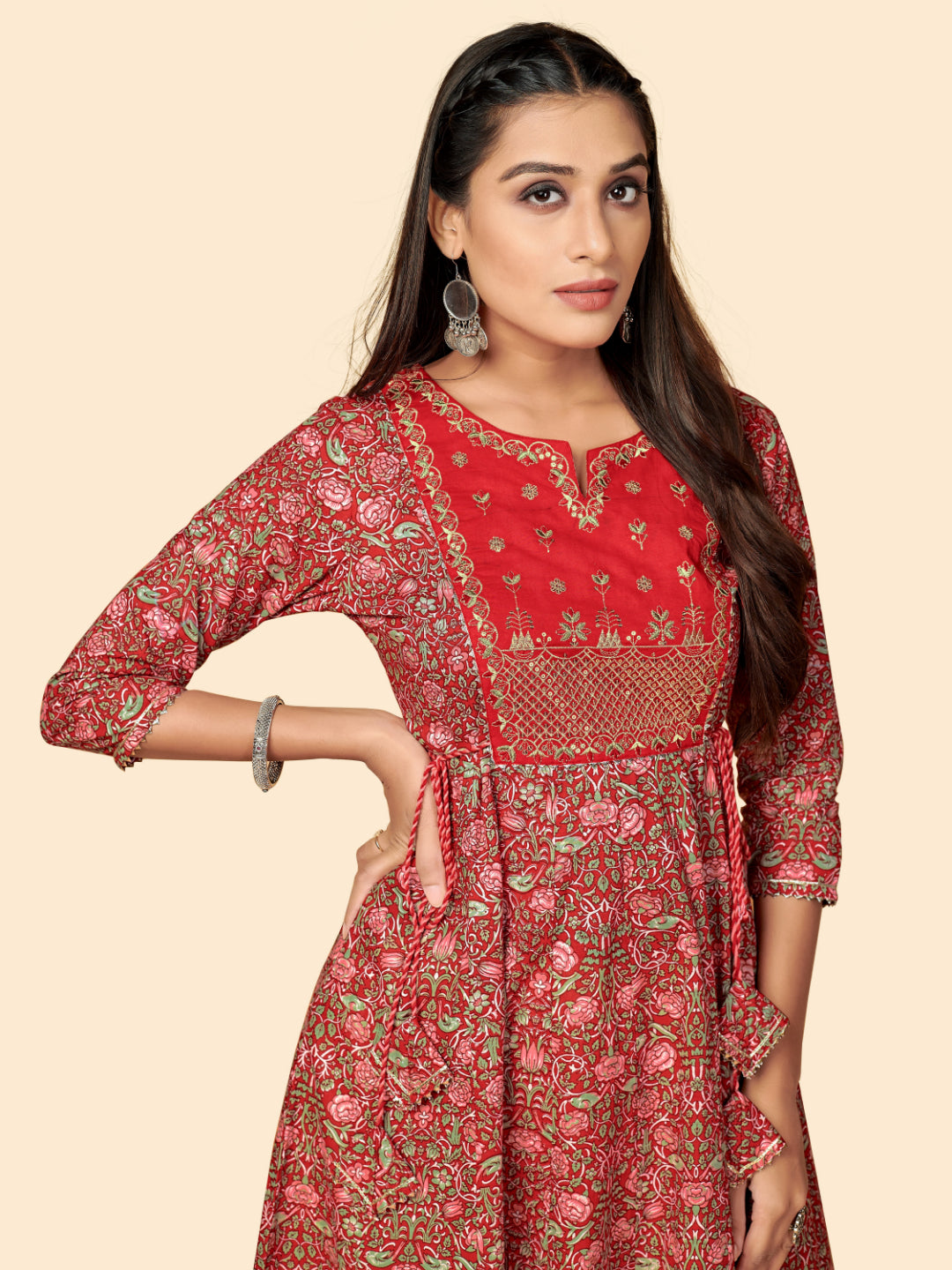 Red Embroidered Anarkali Cotton Kurta