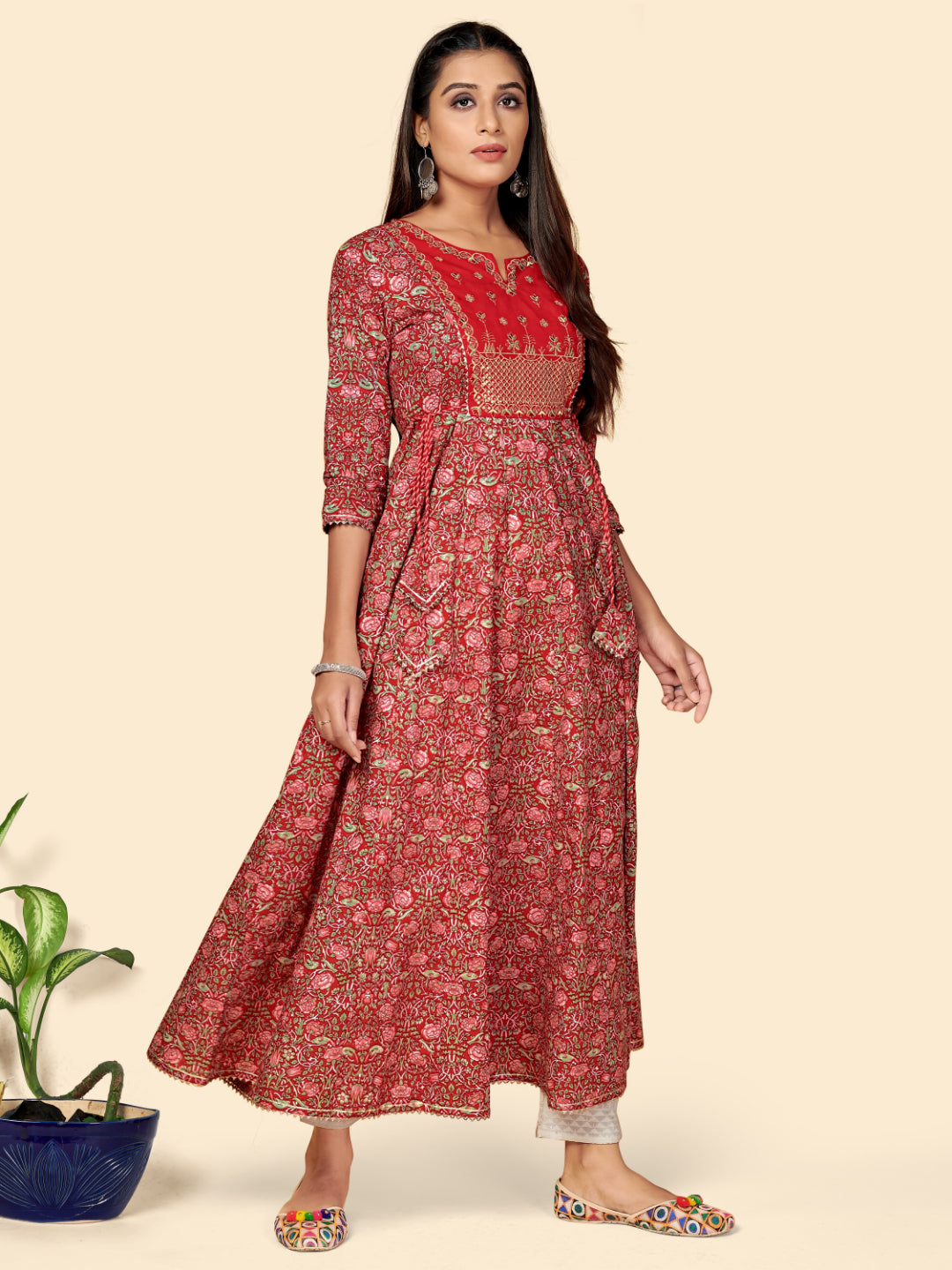 Red Embroidered Anarkali Cotton Kurta