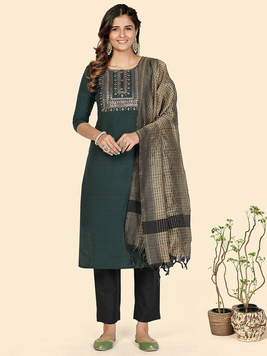 Green Embroidered Straight Cotton Kurta Set