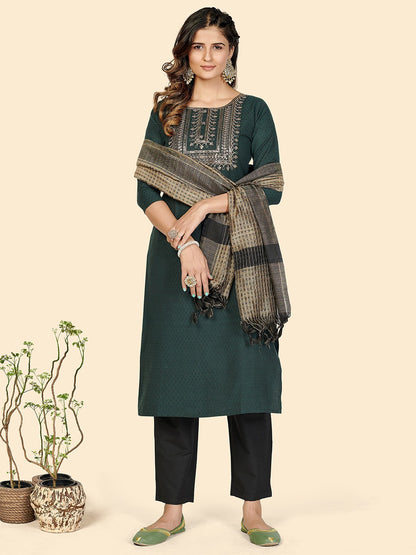 Green Embroidered Straight Cotton Kurta Set
