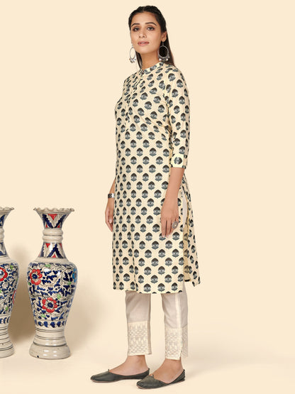 Beige Printed Straight Cotton Kurta