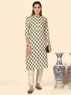 Beige Printed Straight Cotton Kurta