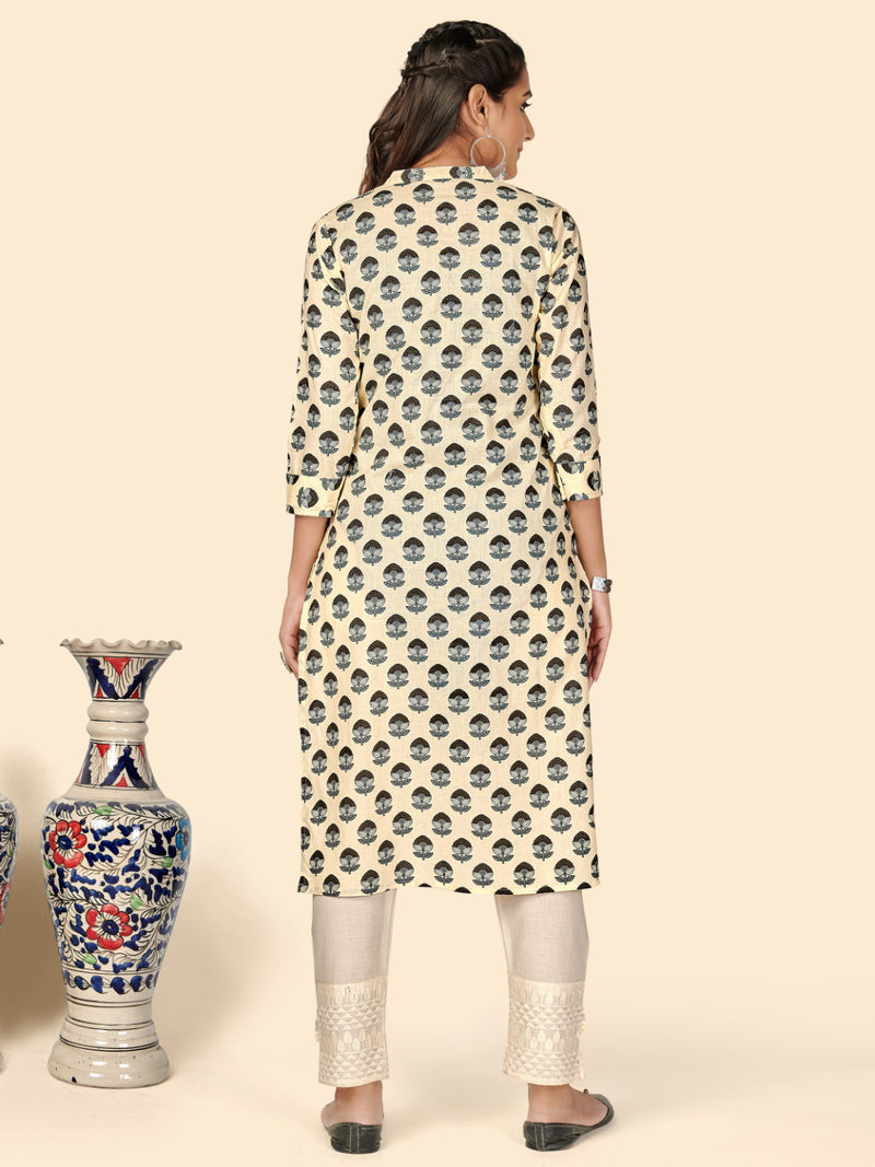 Beige Printed Straight Cotton Kurta