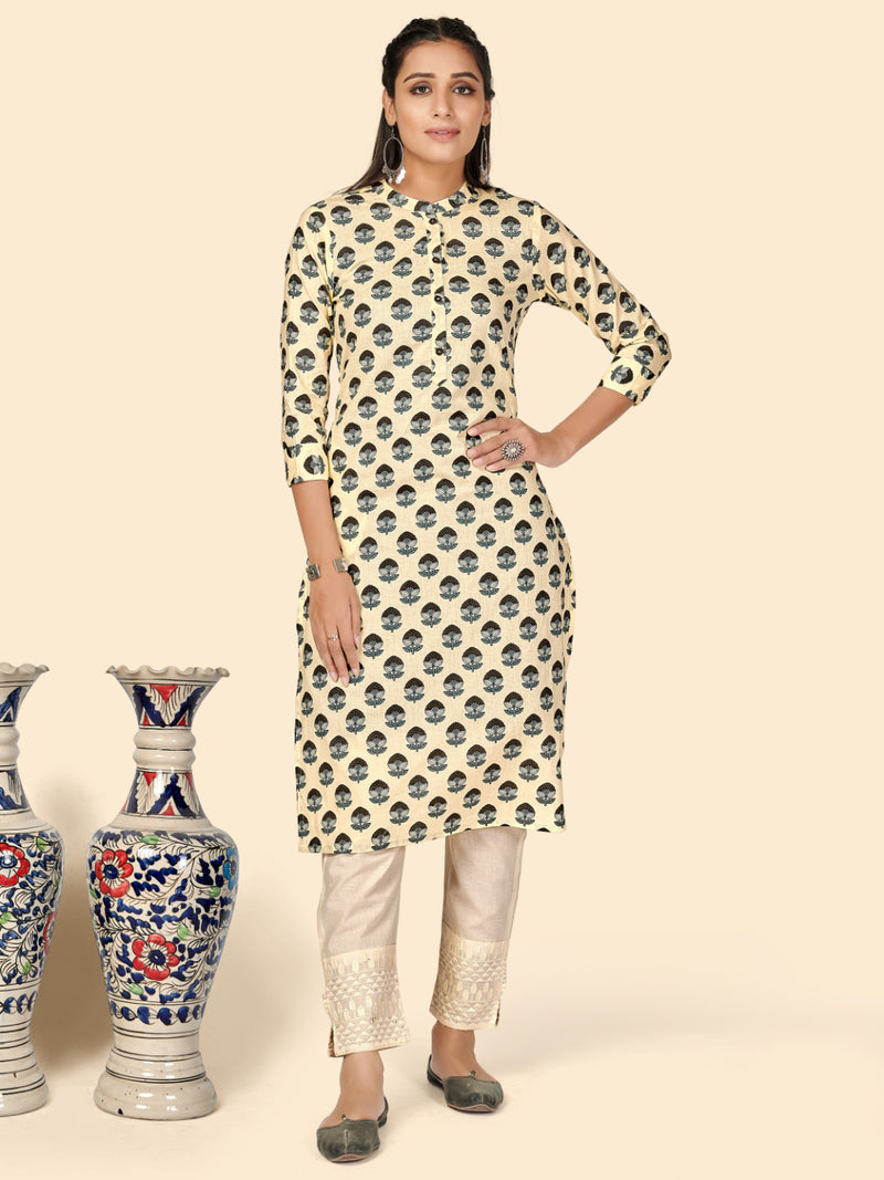 Beige Printed Straight Cotton Kurta