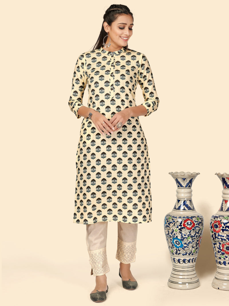 Beige Printed Straight Cotton Kurta