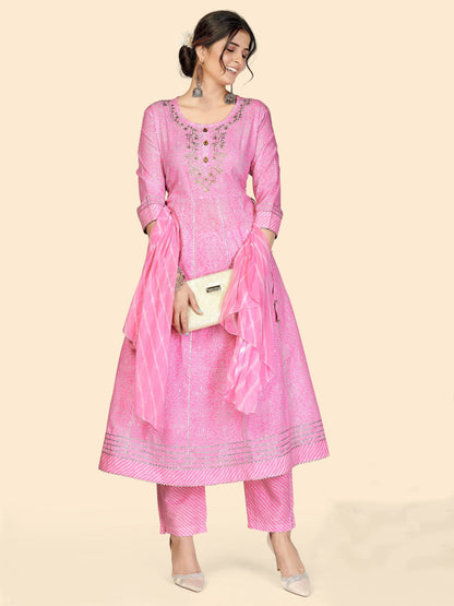 Baby Pink Embroidered Anarkali Cotton Kurta Set