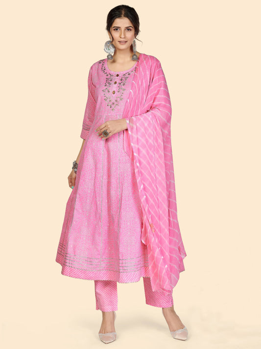 Baby Pink Embroidered Anarkali Cotton Kurta Set