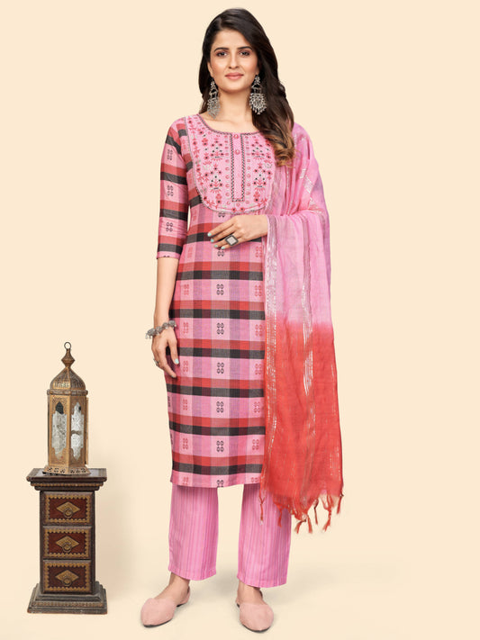 Pink Embroidered Straight Cotton Kurta Set