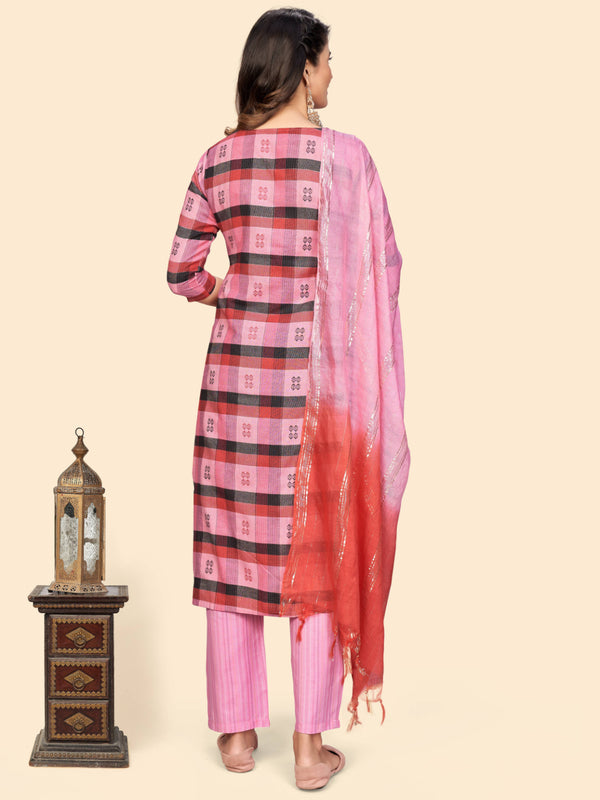 Pink Embroidered Straight Cotton Kurta Set