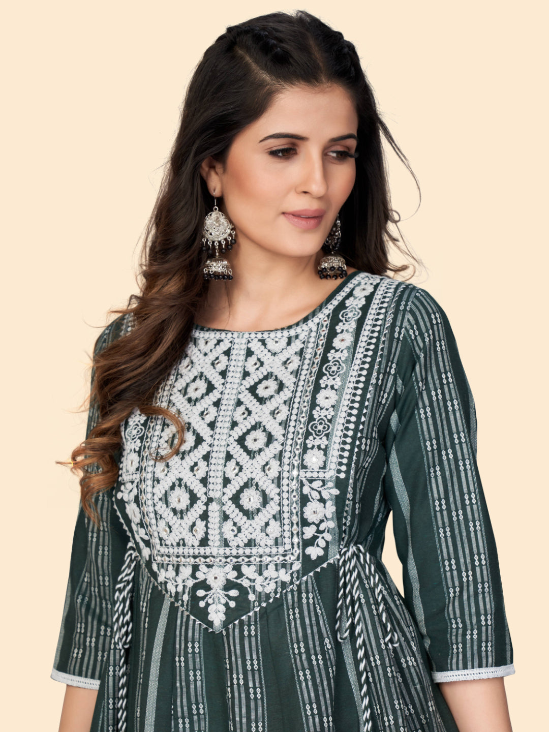 Green Embroidered Anarkali Cotton Kurta