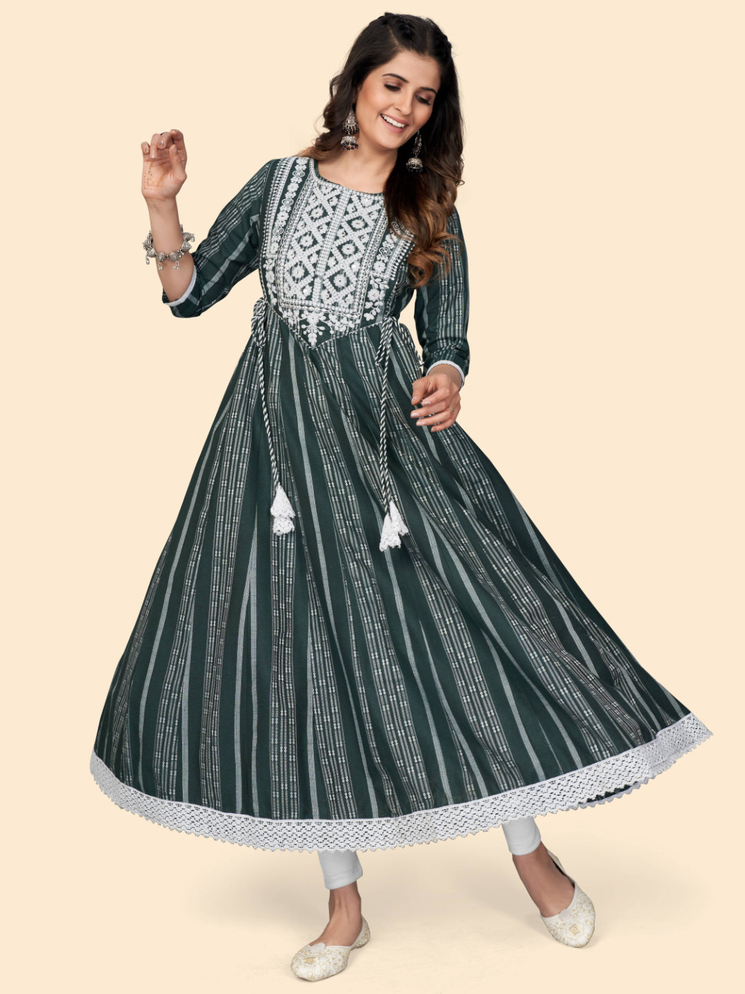 Green Embroidered Anarkali Cotton Kurta