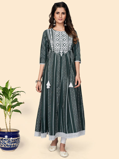 Green Embroidered Anarkali Cotton Kurta