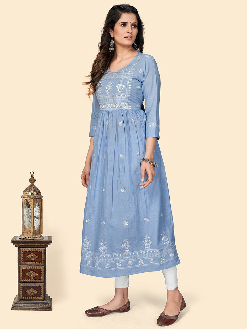 Lavender Embroidered A-Line Cotton Kurta