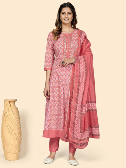 Peach Embroidered Anarkali Cotton Kurta Set