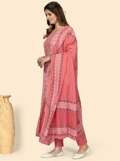 Peach Embroidered Anarkali Cotton Kurta Set