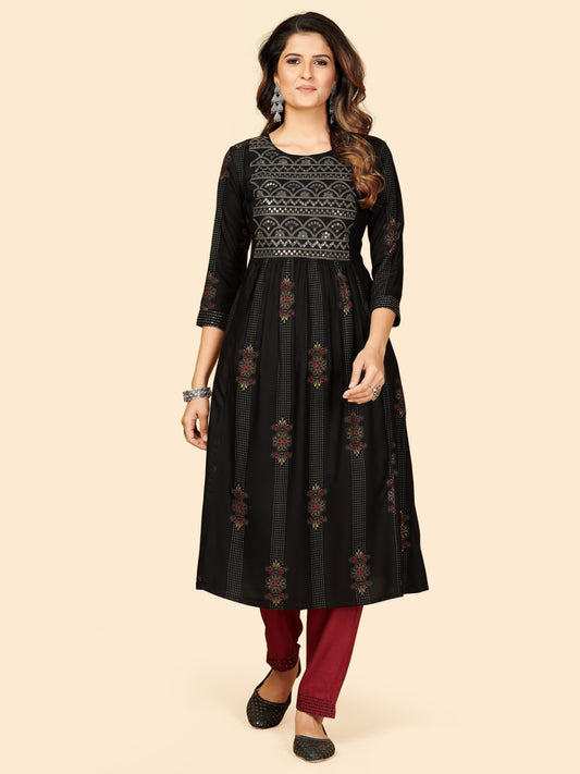 Black Embroidered Anarkali Cotton Kurta