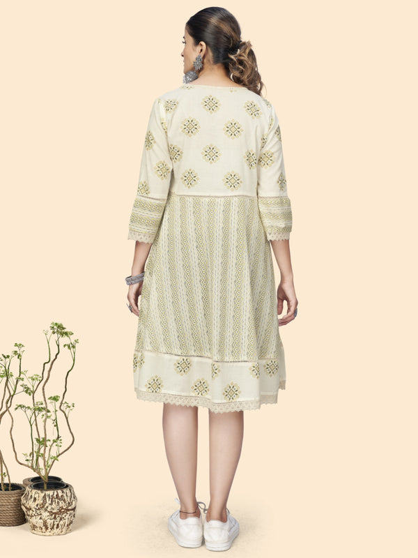 White Printed Flared Cotton Dress