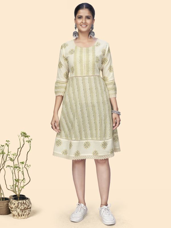 White Printed Flared Cotton Dress