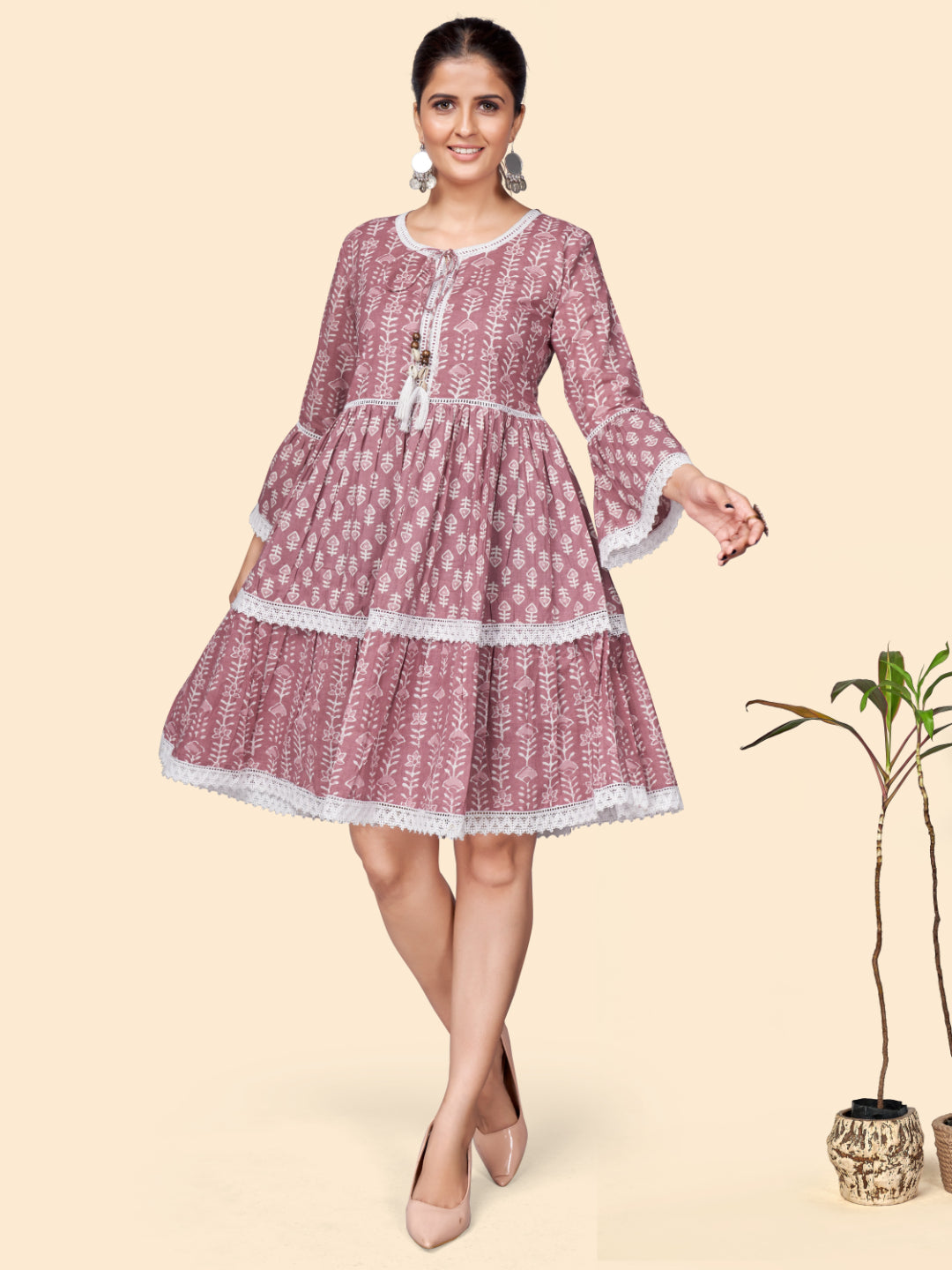 Pink Printed Flared Cotton Dress