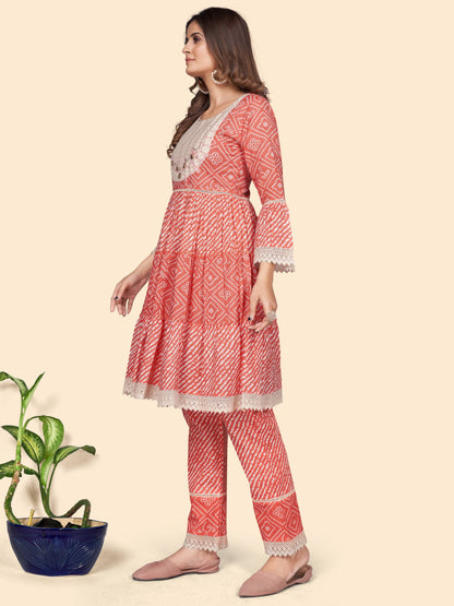 Orange Embroidered Flared Cotton Top With Pant