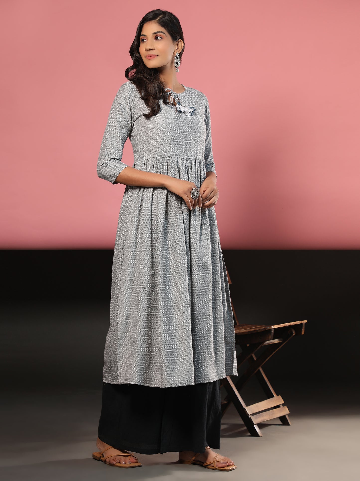 Grey Printed A-Line Yarn Dyed Kurta