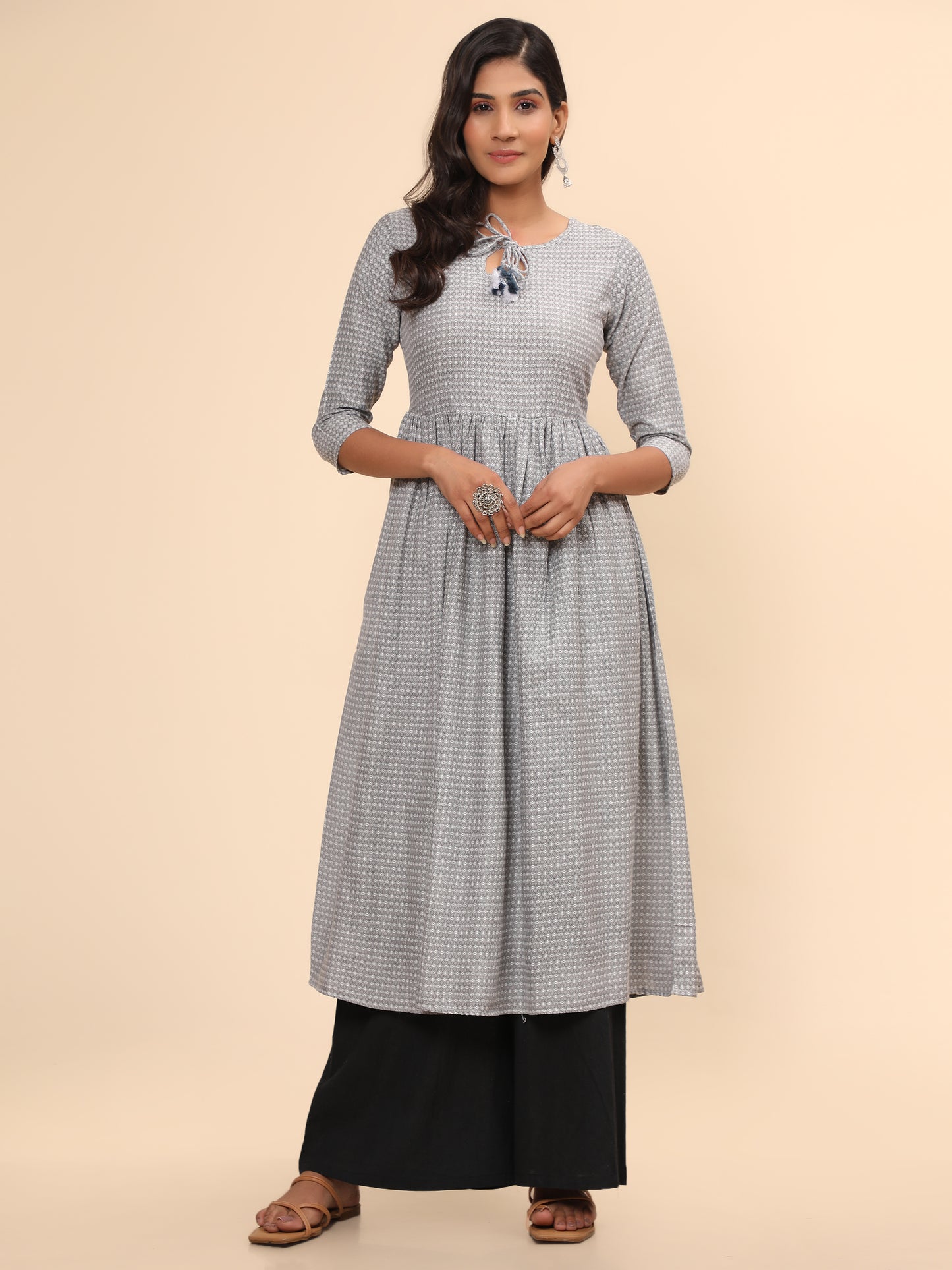 Grey Printed A-Line Yarn Dyed Kurta