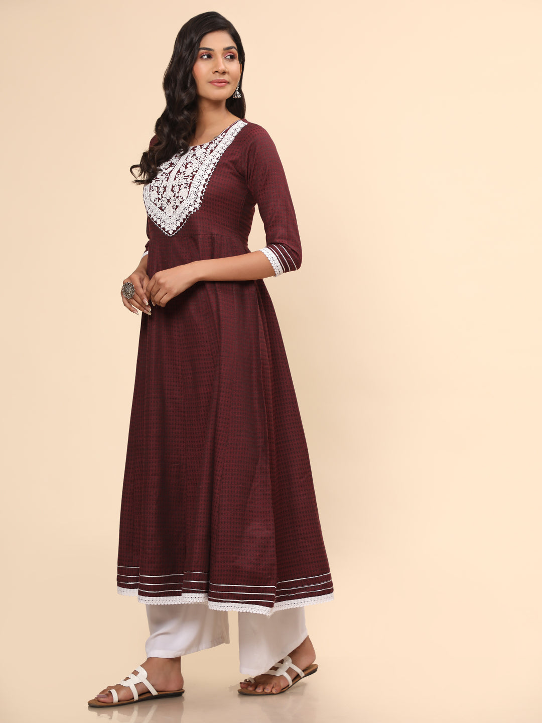 Purple Embroidered Anarkali Cotton Kurta