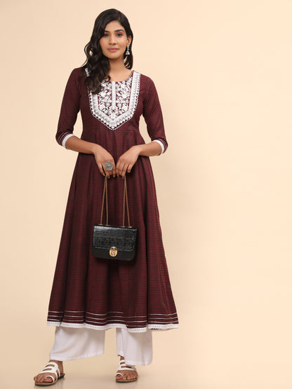 Purple Embroidered Anarkali Cotton Kurta