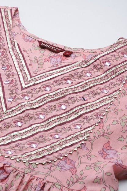 Baby Pink Embroidered Flared Cotton Kurta Set
