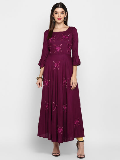 Purple Embroidered Rayon Flared Kurti