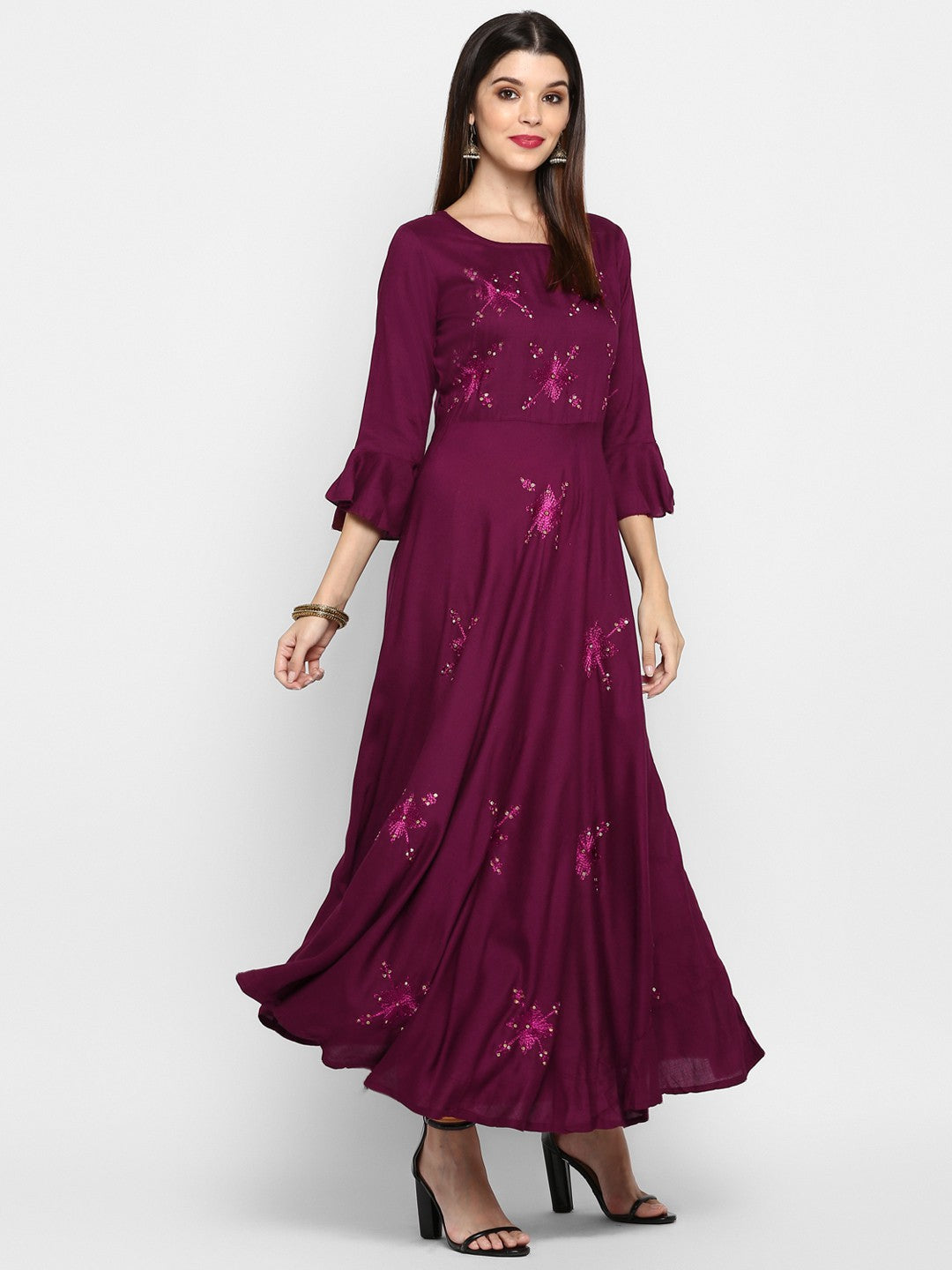 Purple Embroidered Rayon Flared Kurti