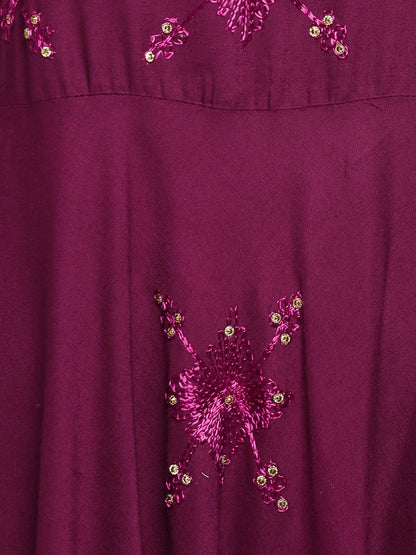 Purple Embroidered Rayon Flared Kurti