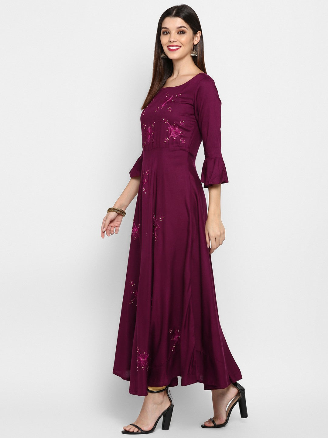 Purple Embroidered Rayon Flared Kurti