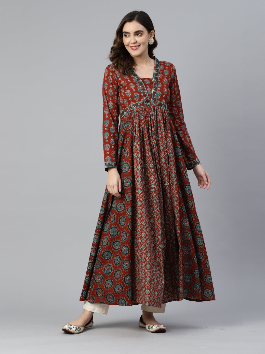 Maroon Floral Print Anarkali Cotton Gown