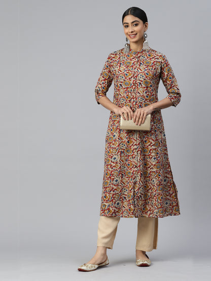 Beige Floral Print A-Line Rayon Kurta