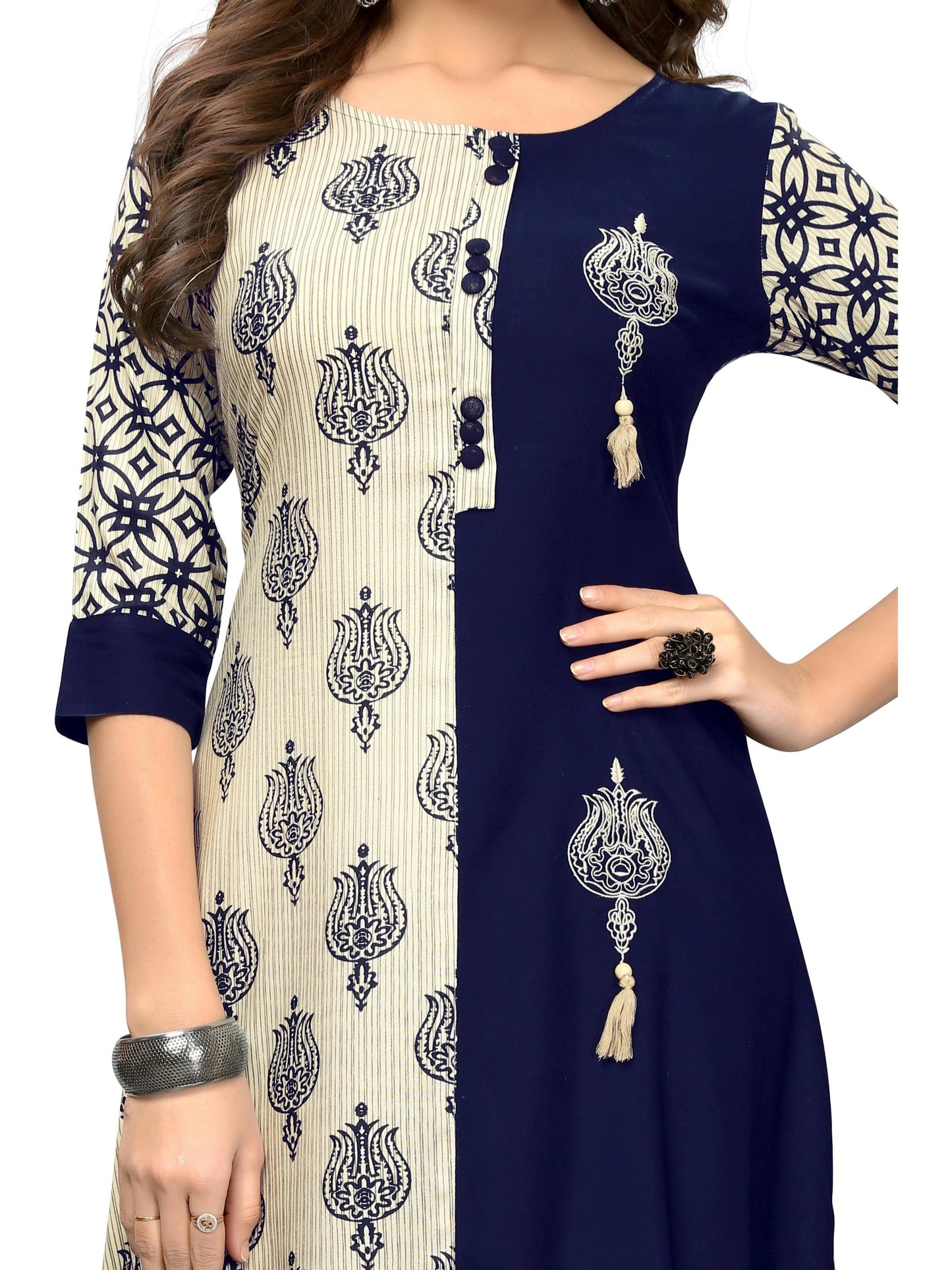 Blue & White Color Rayon Straight Kurti