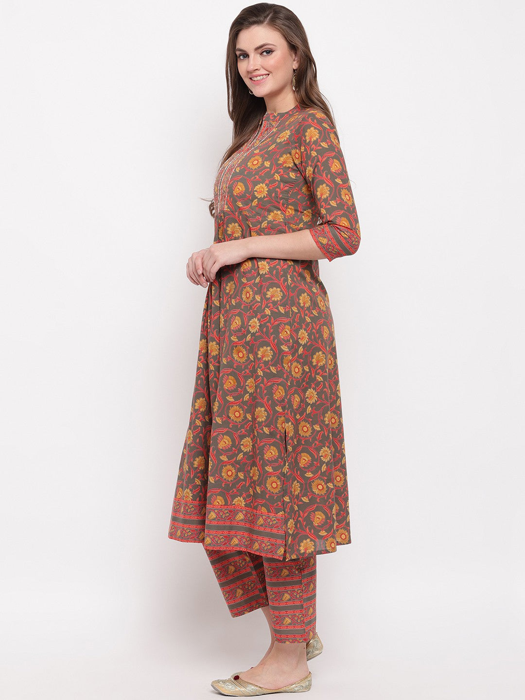 Grey Floral Print Flared Cotton Kurti