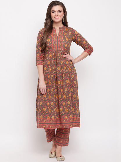 Grey Floral Print Flared Cotton Kurti