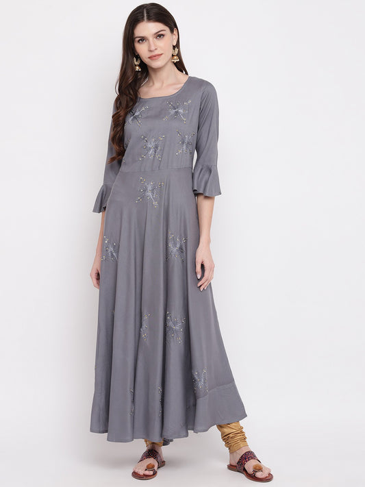 Grey Embellished Anarkali Rayon Kurti