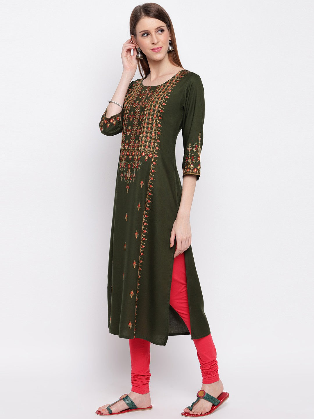 Green Embroidered Straight Cotton Blend Kurti