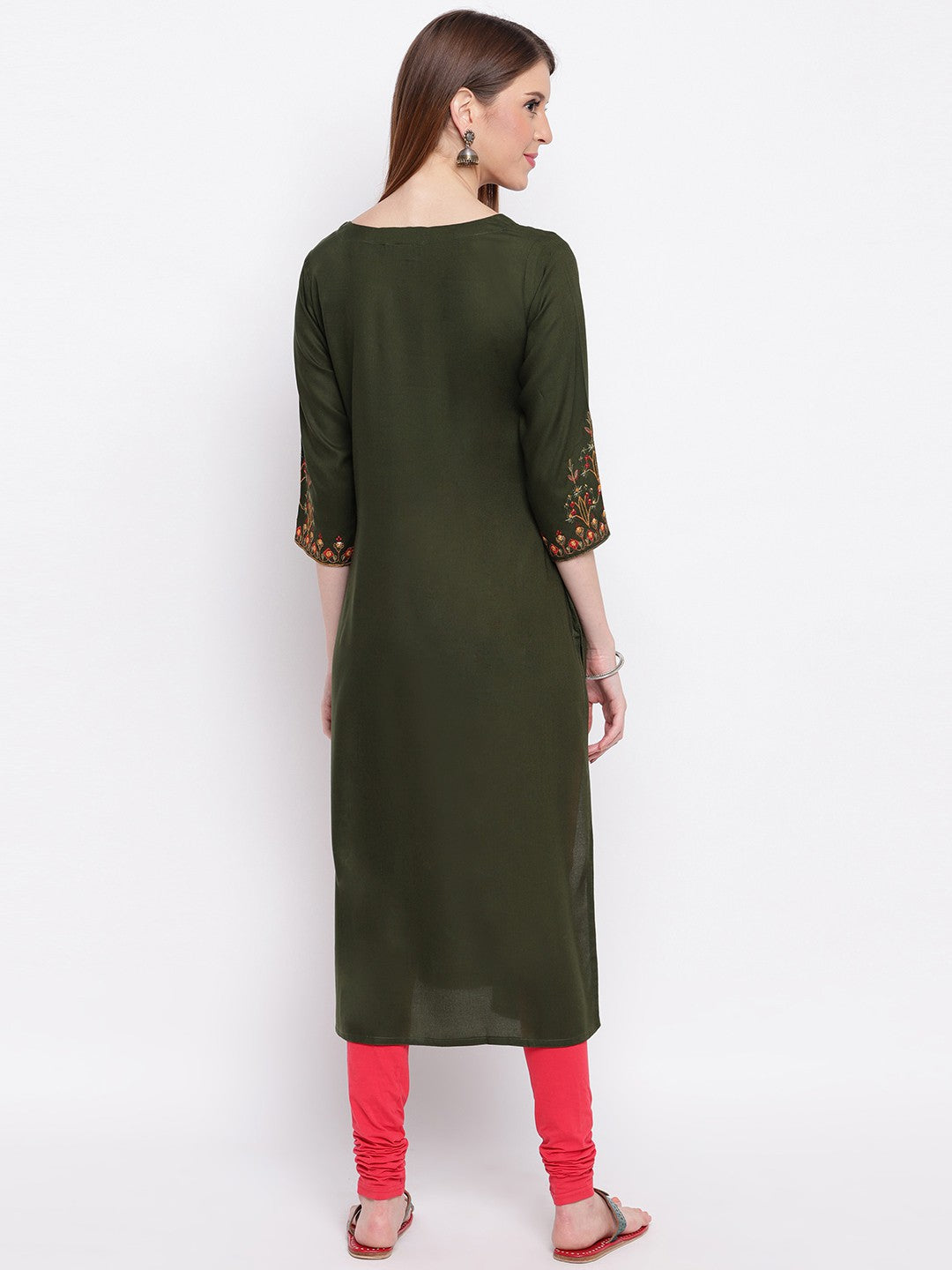 Green Embroidered Straight Cotton Blend Kurti