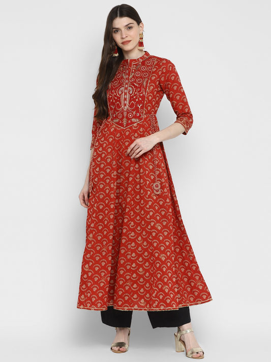 Red Embroidered Anarkali Cotton Kurta