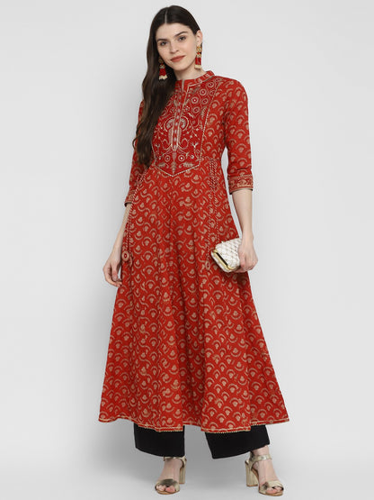 Red Embroidered Anarkali Cotton Kurta