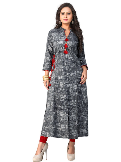 Grey Printed Rayon A-line Kurti