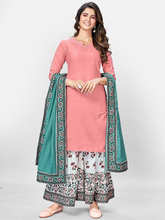 Pink Sequence Straight Cotton Kurta Set